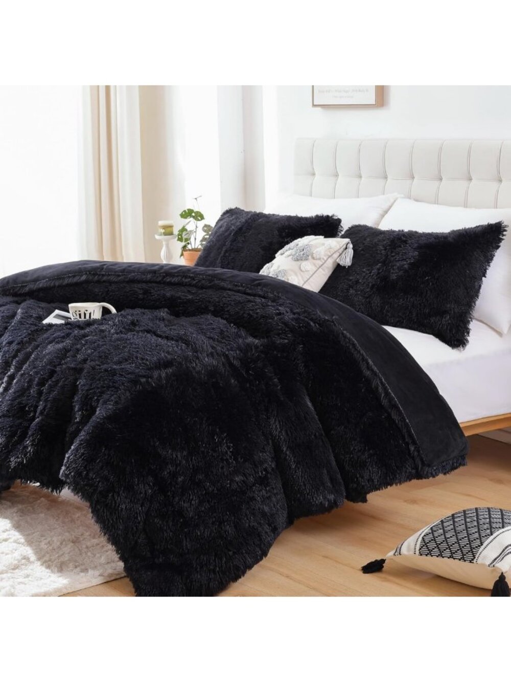 Cozy Black Faux Fur Twin Comforter Set - Soft Fluffy 2-Piece Bedding Ensemble